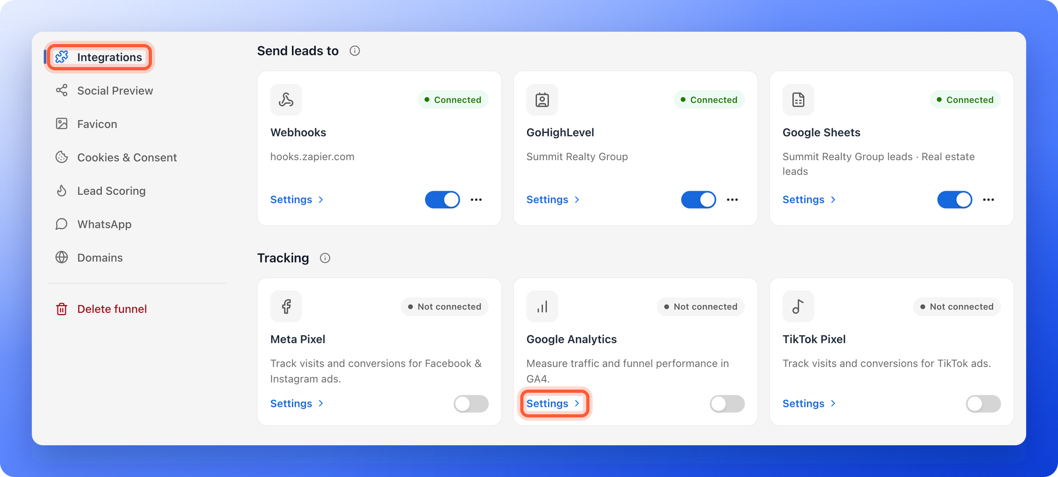 The Integrations menu item and the Settings link on the Google Analytics card, both highlighted
