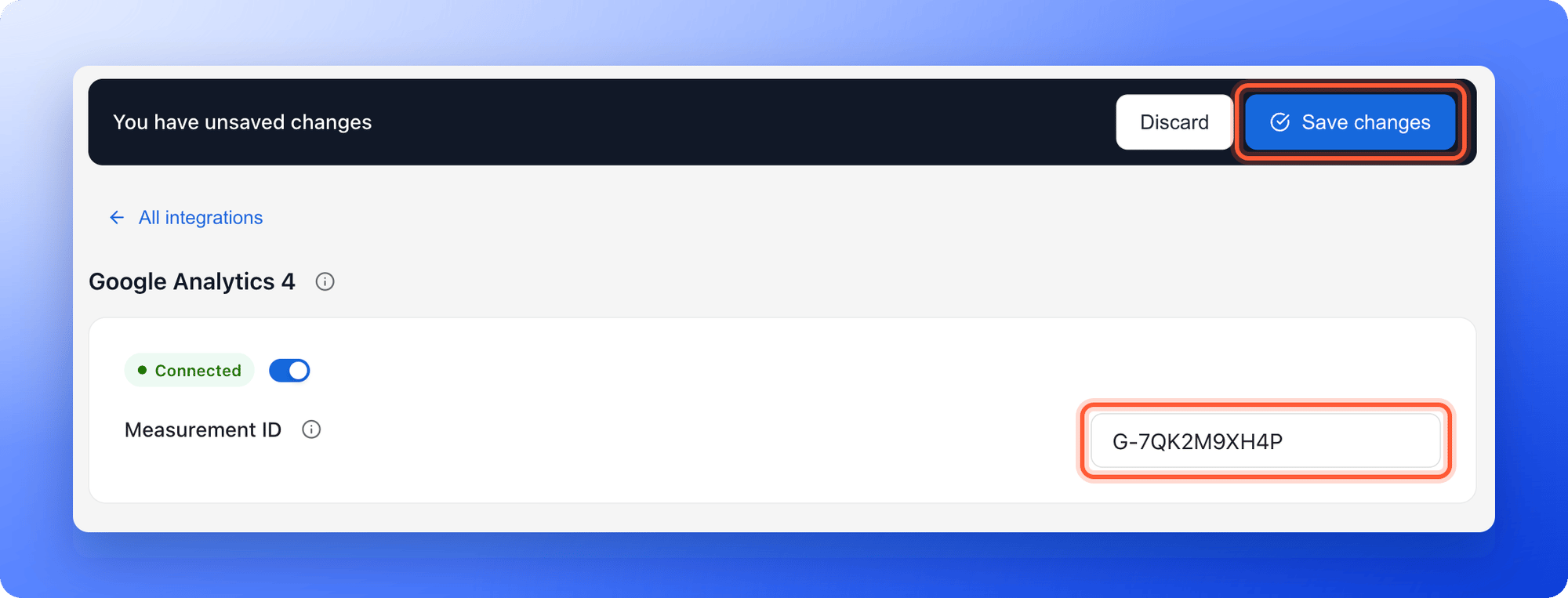 The Google Analytics 4 settings with a Measurement ID typed in, and the You have unsaved changes bar above it, with the Measurement ID field and the Save changes button highlighted