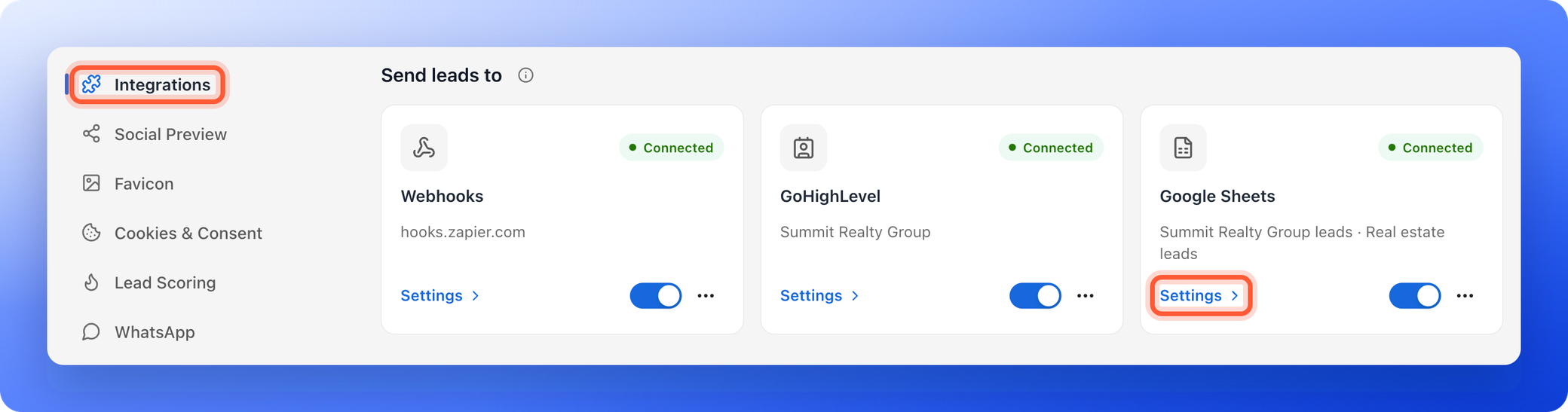 The Integrations menu item and the Settings link on the Google Sheets card, both highlighted