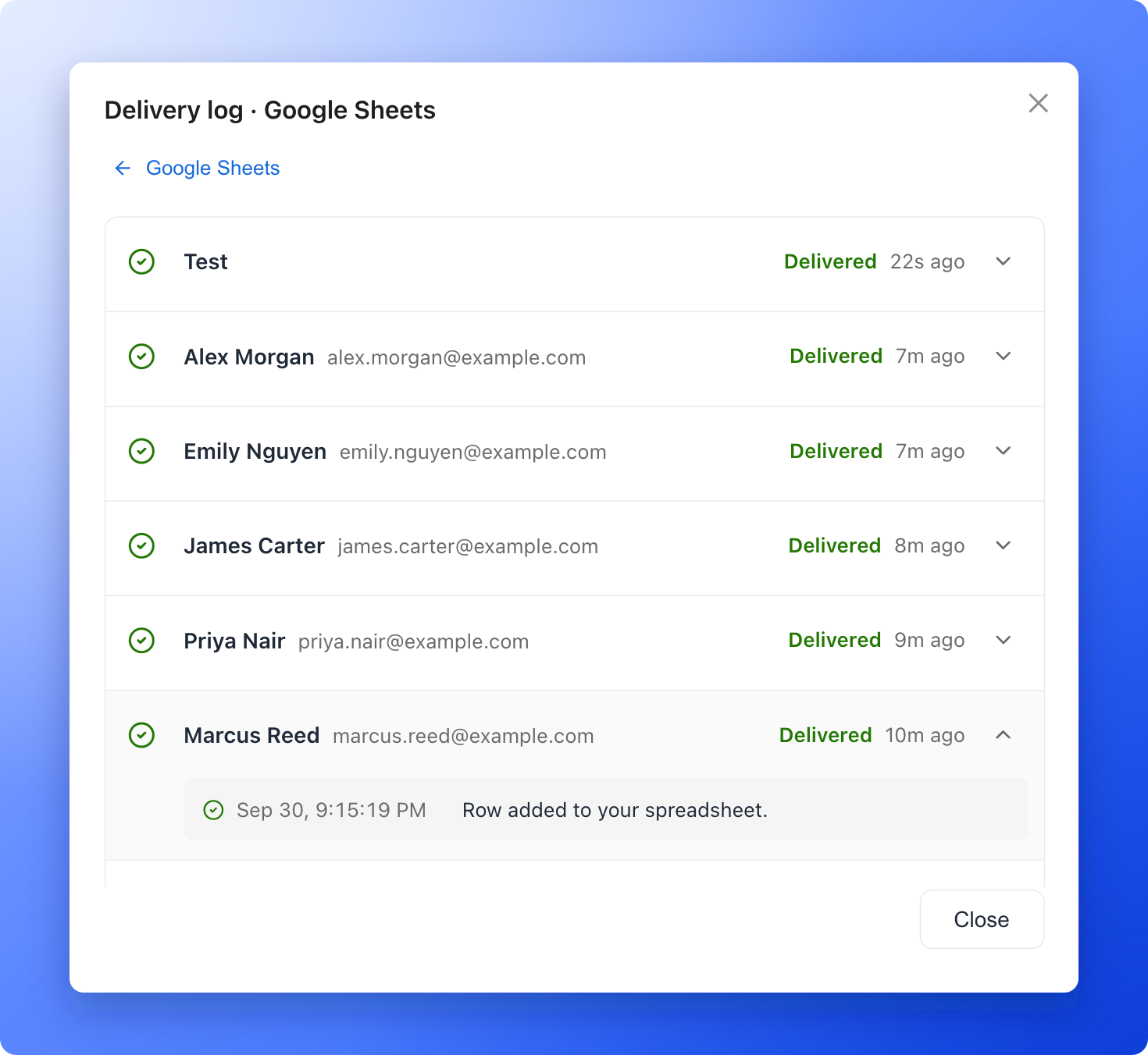 The Google Sheets delivery log with delivered leads and one lead opened to show Row added to your spreadsheet