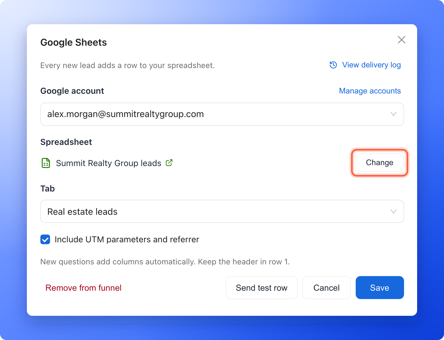 The Google Sheets settings with the Google account, the spreadsheet and tab chosen, and the Change button highlighted