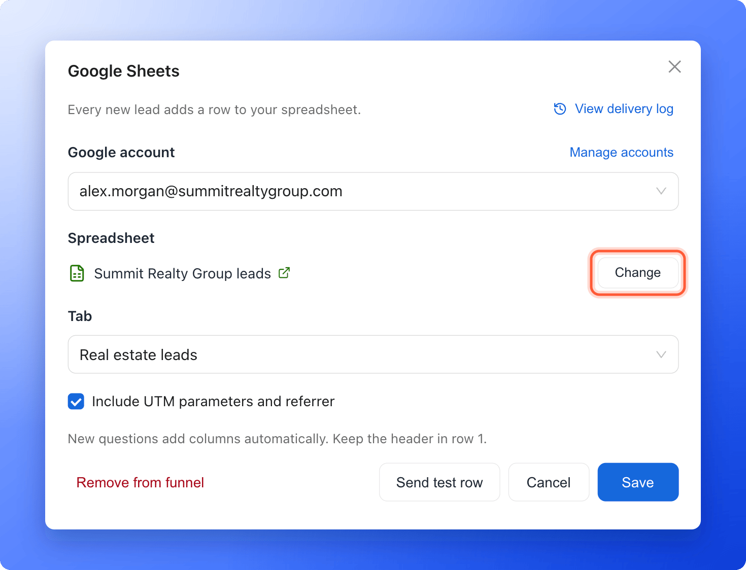 The Google Sheets settings with the Google account, the spreadsheet and tab chosen, and the Change button highlighted