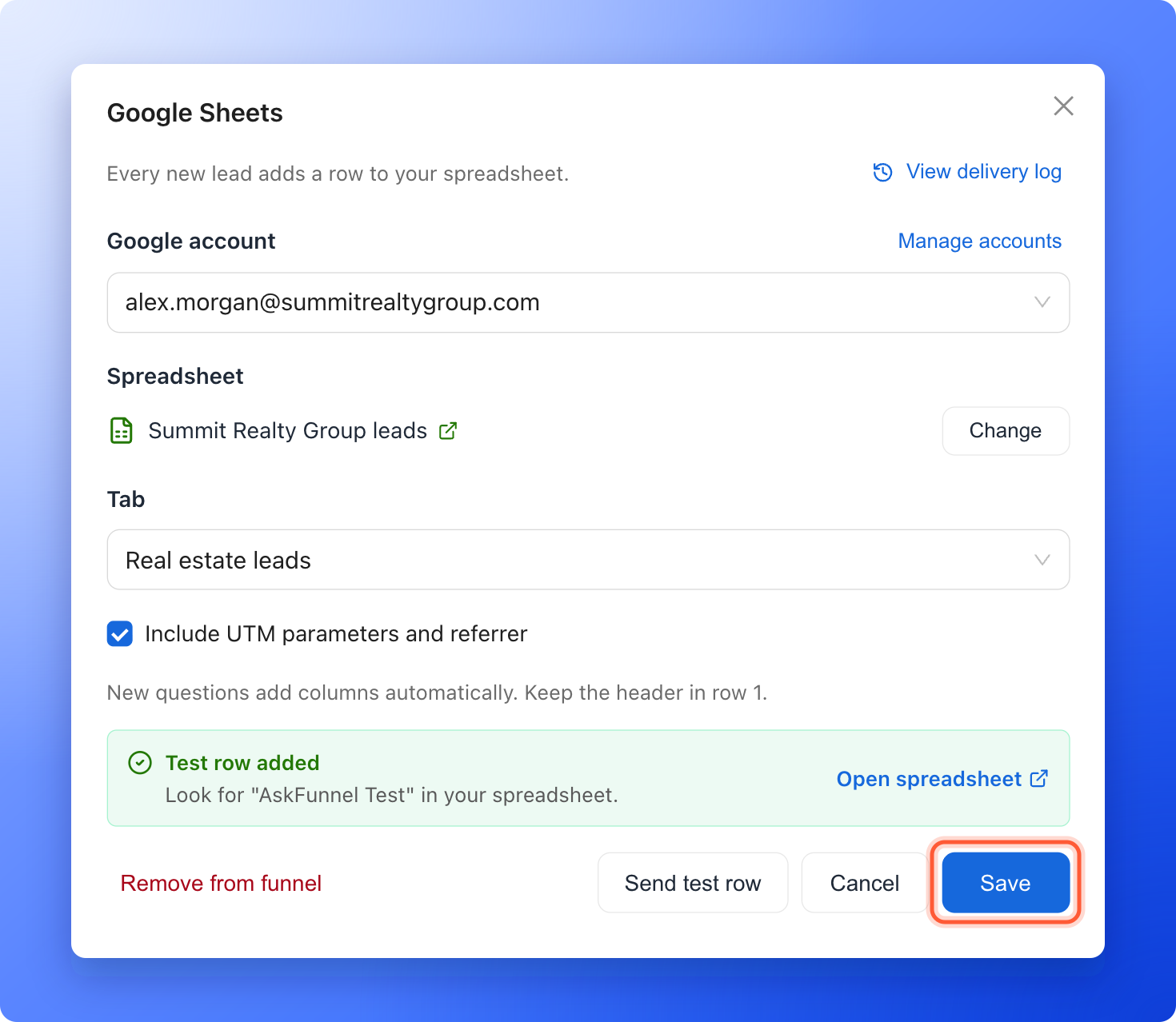 The Google Sheets settings after a successful test, with Test row added, the Open spreadsheet link and the Save button highlighted