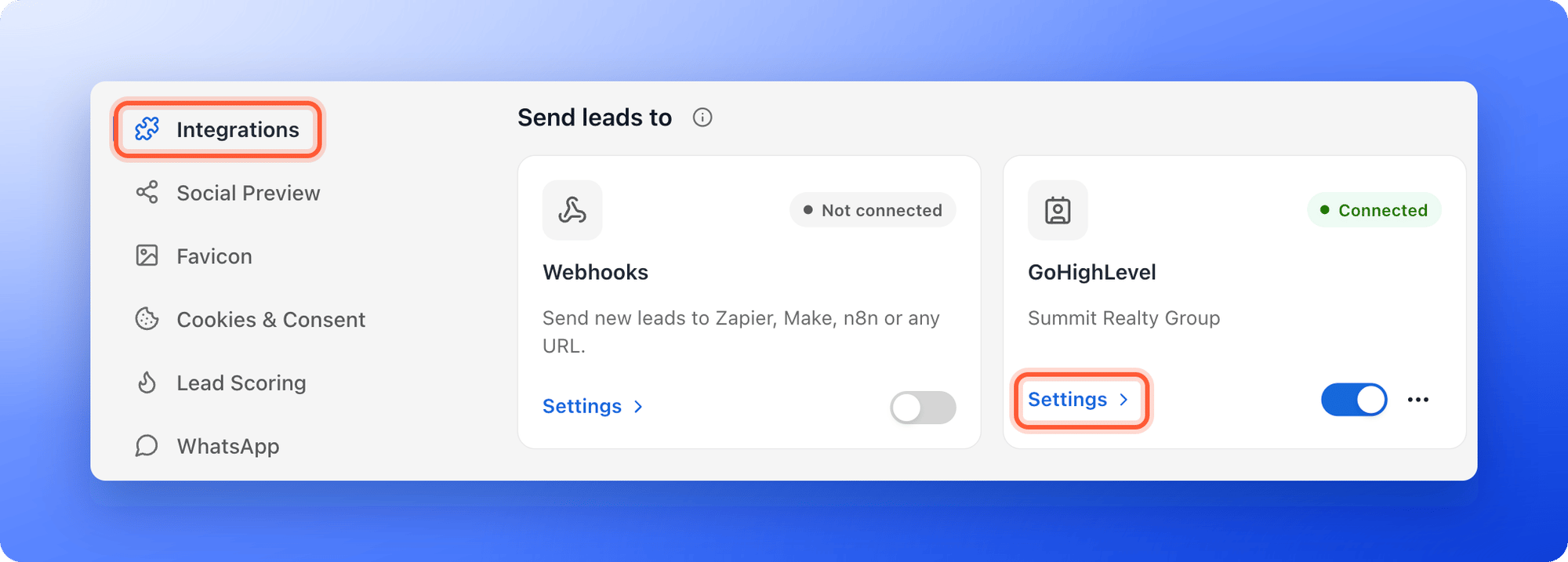 The Integrations menu item and the Settings link on the GoHighLevel card, both highlighted