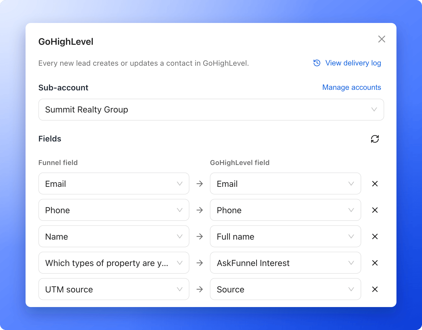 The GoHighLevel settings with the sub-account and matched fields