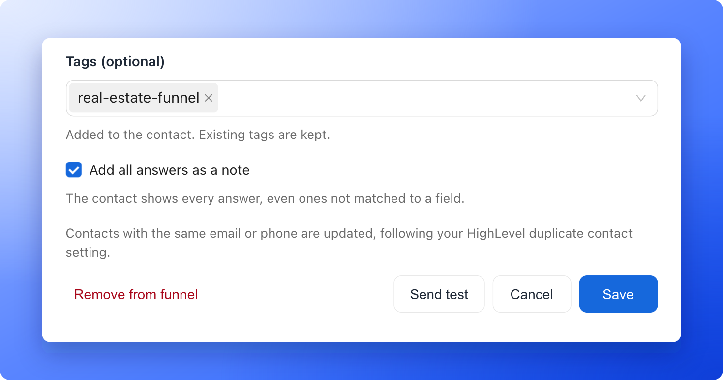 Tags, the answers note option and the Send test button
