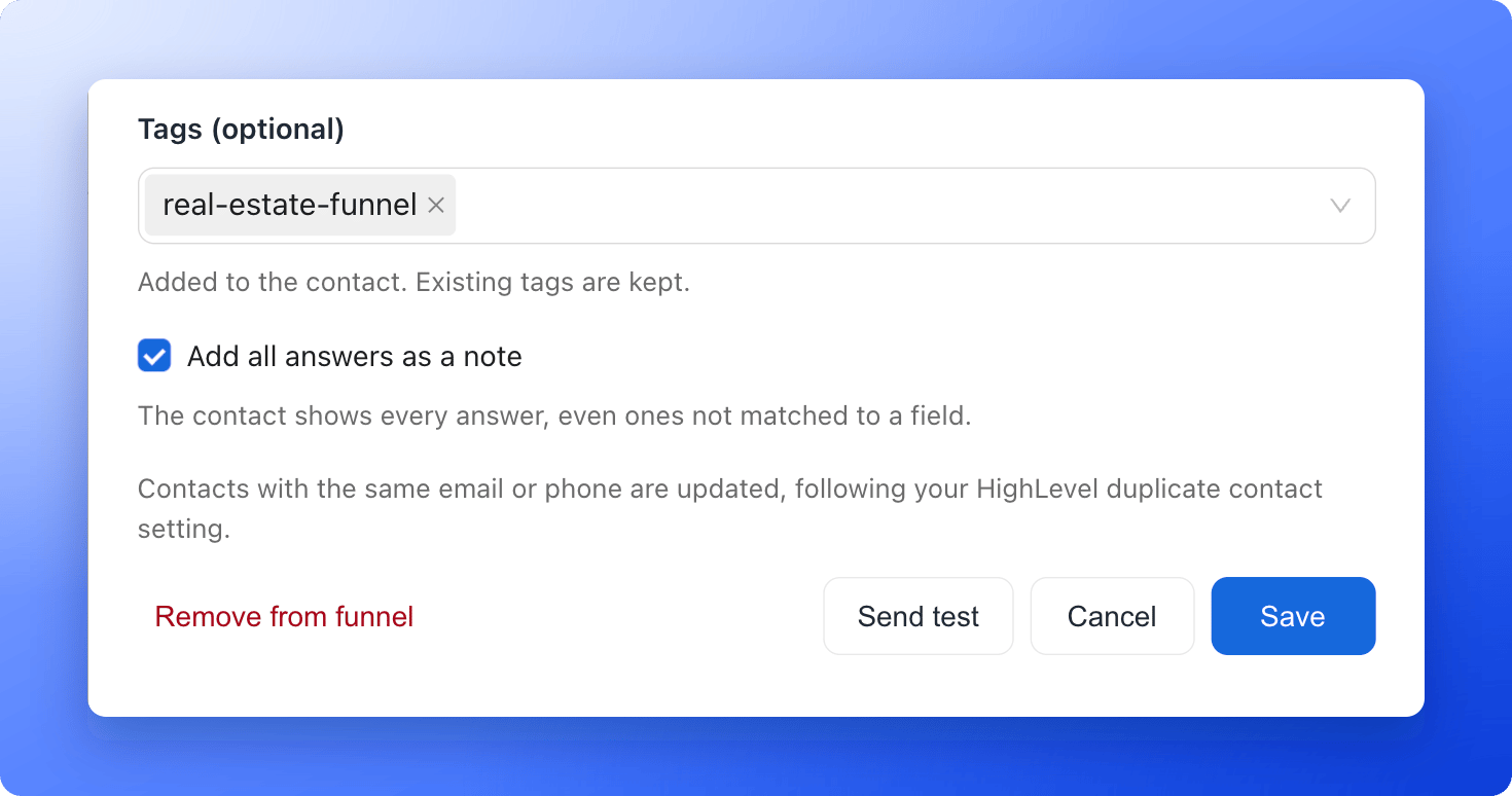 Tags, the answers note option and the Send test button
