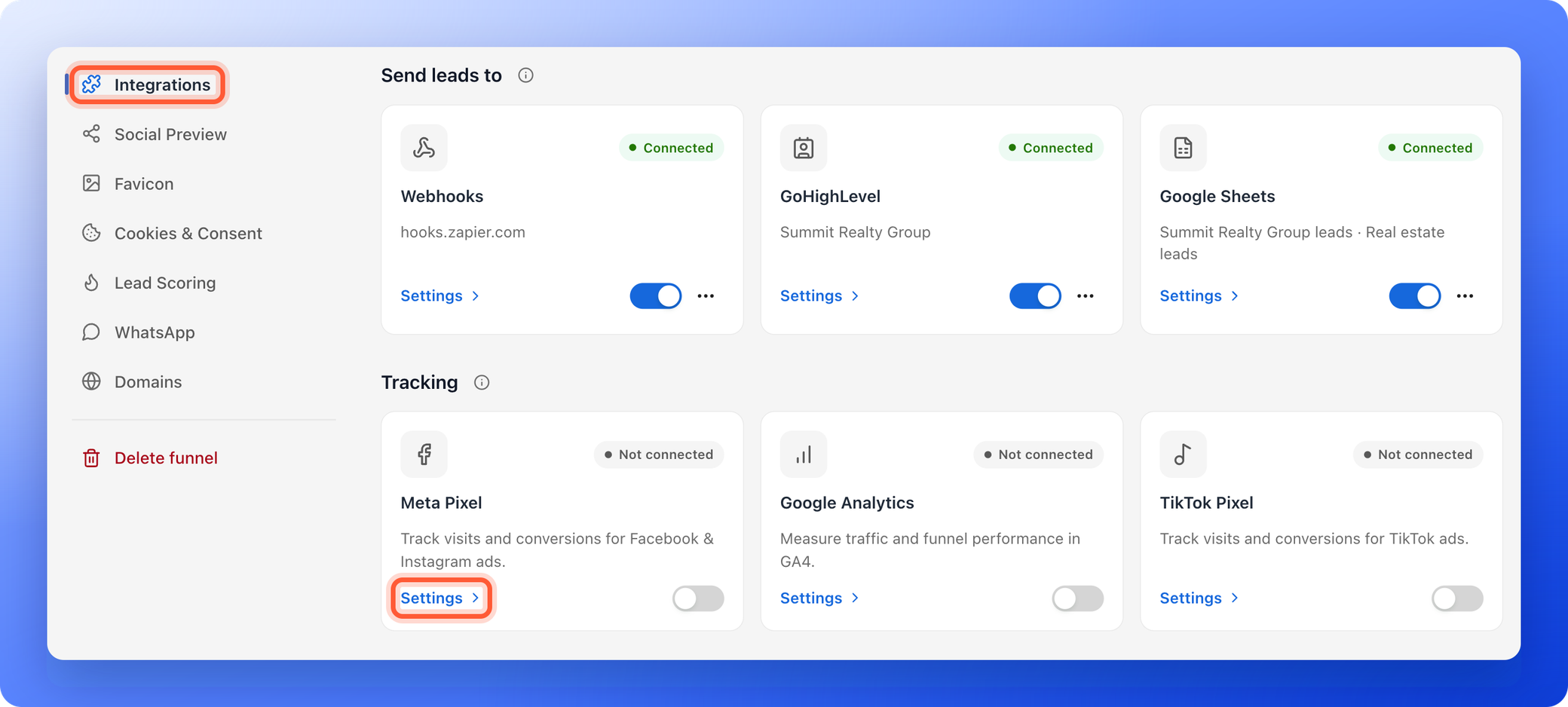 The Integrations menu item and the Settings link on the Meta Pixel card, both highlighted