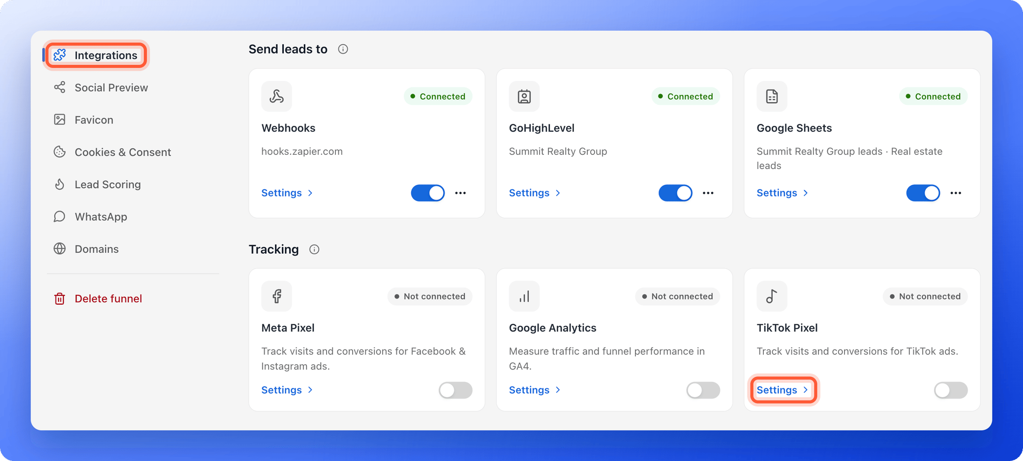 The Integrations menu item and the Settings link on the TikTok Pixel card, both highlighted