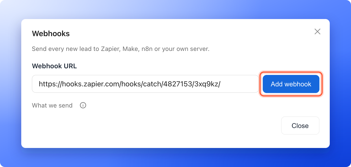 The Webhooks window with a webhook URL typed in Webhook URL and the Add webhook button highlighted