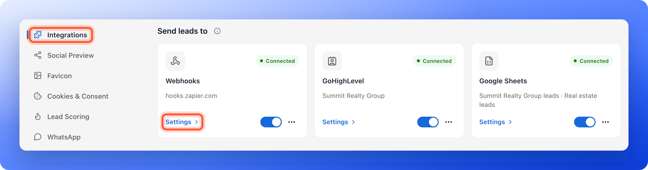 The Integrations menu item and the Settings link on the Webhooks card, both highlighted
