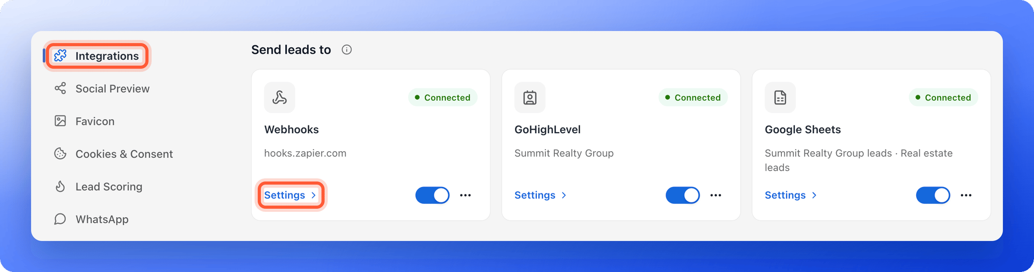 The Integrations menu item and the Settings link on the Webhooks card, both highlighted