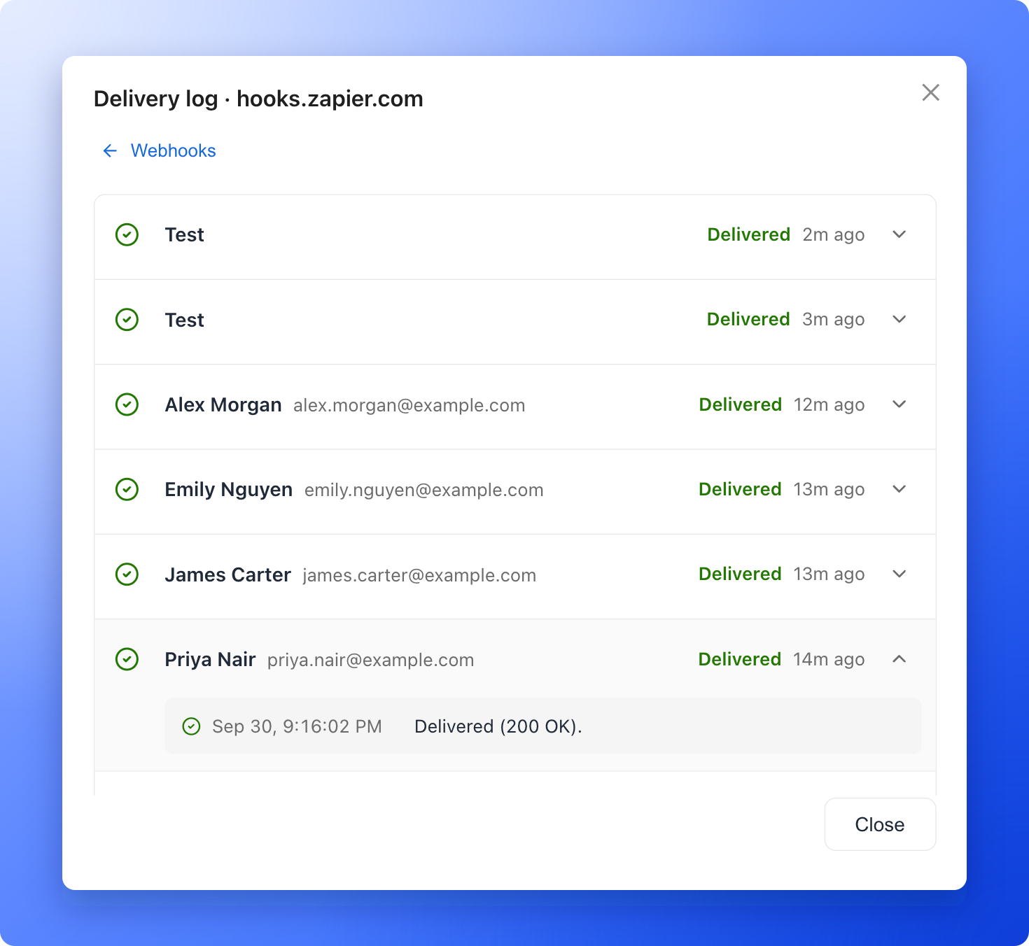 The webhook delivery log with delivered leads and one lead opened to show Delivered (200 OK)