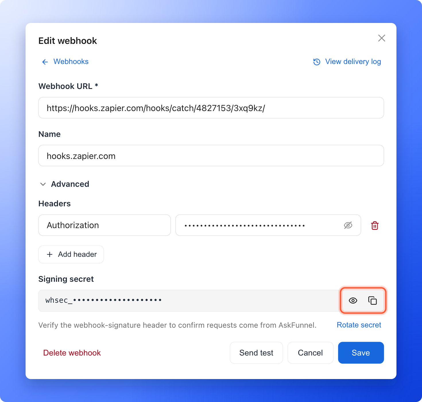 The Edit webhook window with Advanced open, showing one header and the hidden Signing secret with its eye and copy icons highlighted
