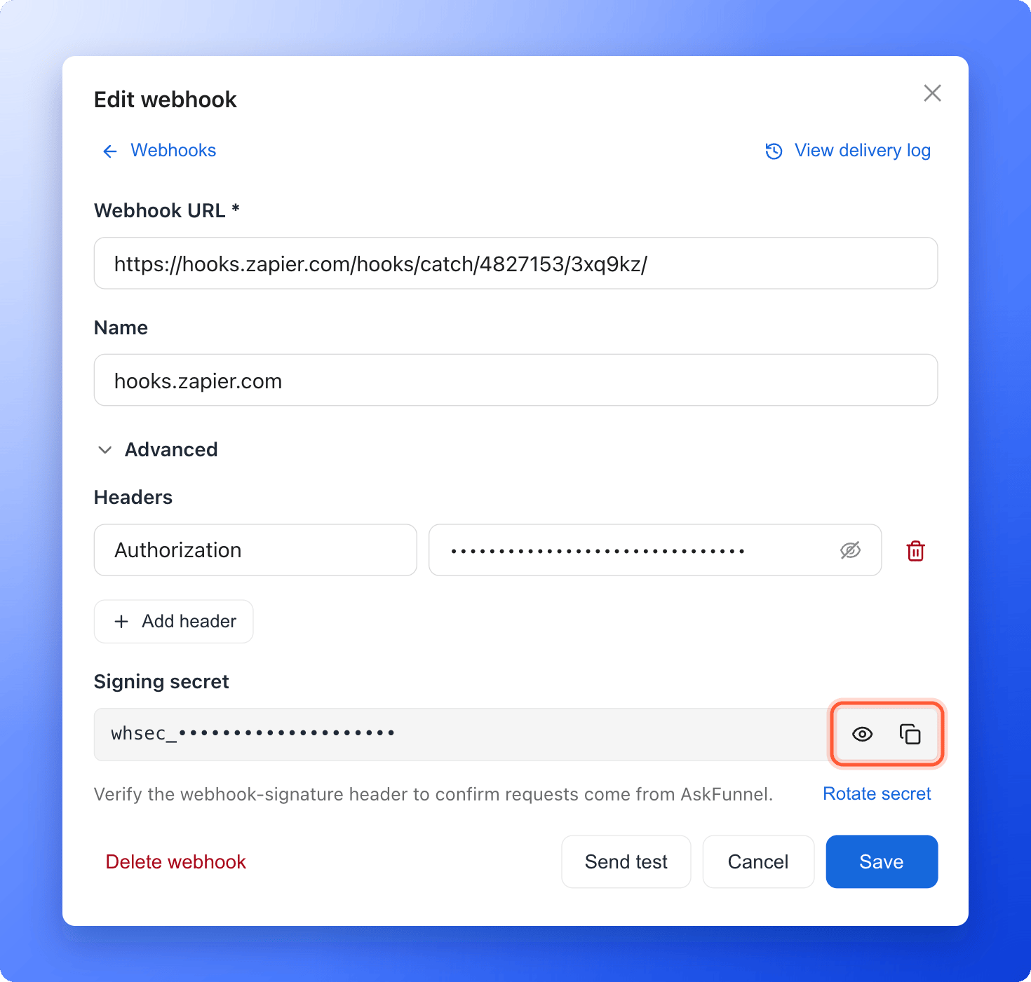 The Edit webhook window with Advanced open, showing one header and the hidden Signing secret with its eye and copy icons highlighted