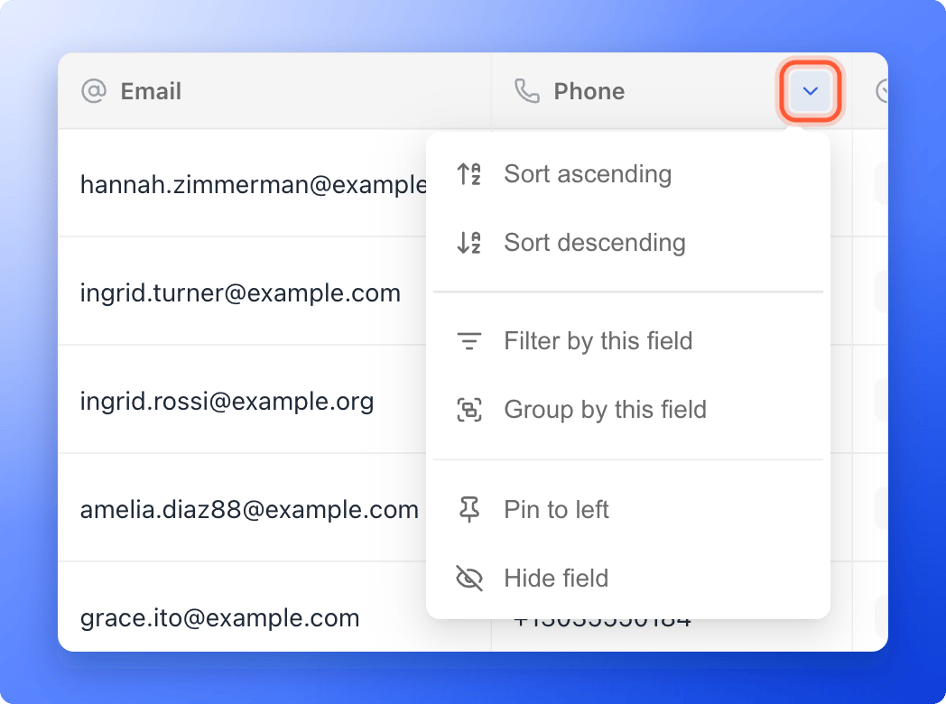 The arrow that opens a column's menu, highlighted