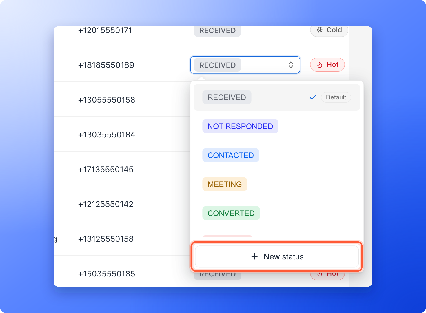 The status list open on a lead, with the New status button highlighted