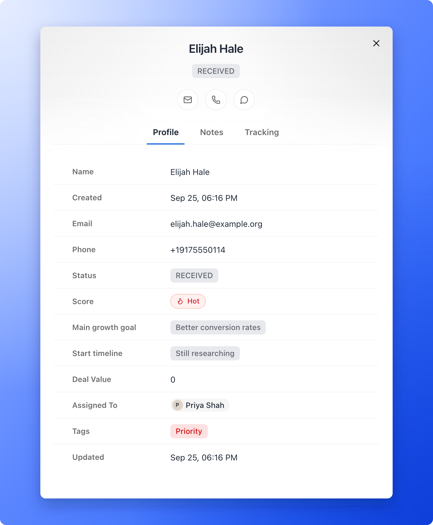 A lead's side panel on the Profile tab, with the name, status, contact buttons and every field