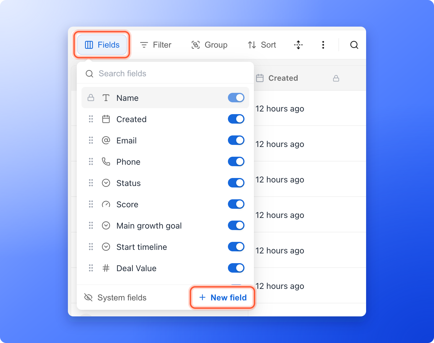 The Fields button and the New field button, both highlighted