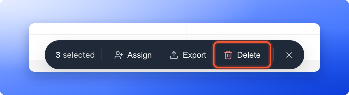 The bottom bar for selected leads, with the Delete button highlighted