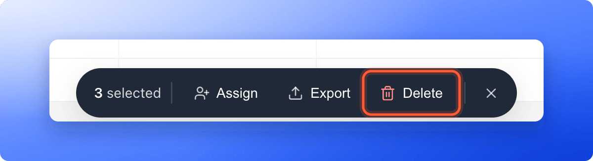 The bottom bar for selected leads, with the Delete button highlighted