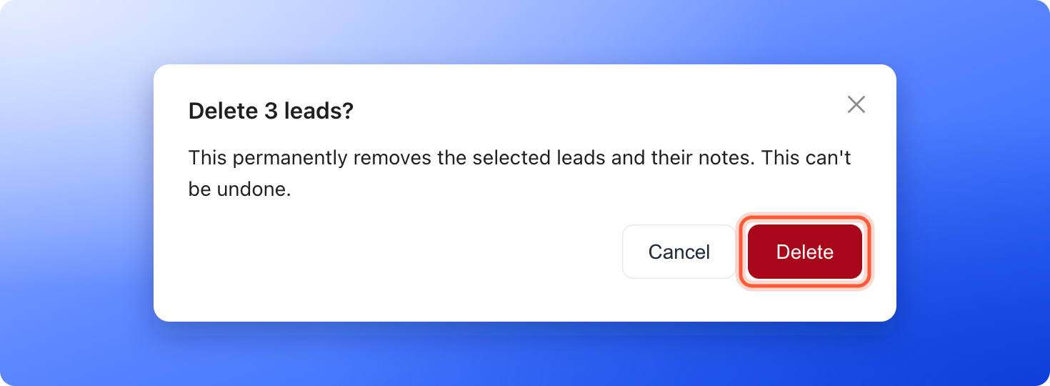 The Delete 3 leads confirmation window with Cancel and Delete buttons