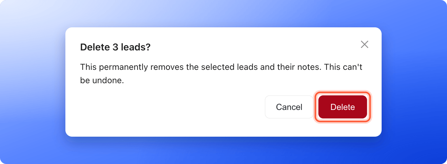 The Delete 3 leads confirmation window with Cancel and Delete buttons