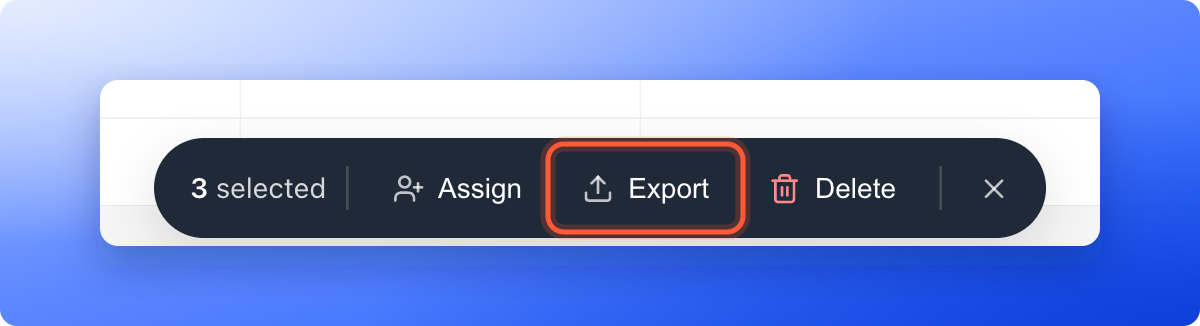 The bottom bar for selected leads, with the Export button highlighted