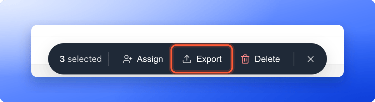 The bottom bar for selected leads, with the Export button highlighted