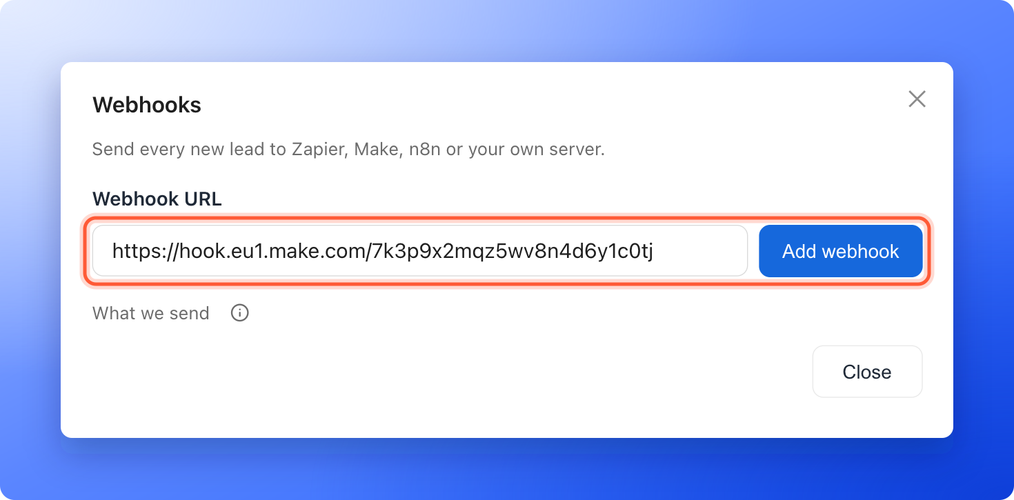The Webhooks window with a Make webhook address typed in the Webhook URL box and the Add webhook button, both highlighted