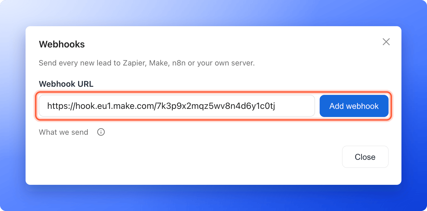 The Webhooks window with a Make webhook address typed in the Webhook URL box and the Add webhook button, both highlighted