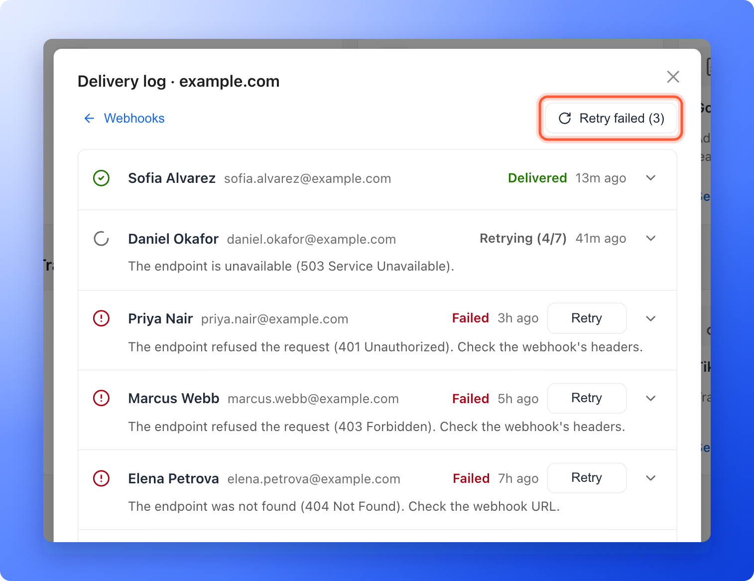 The top of the delivery log with the Retry failed (3) button highlighted above the rows, three of them Failed with a reason under the name and a Retry button