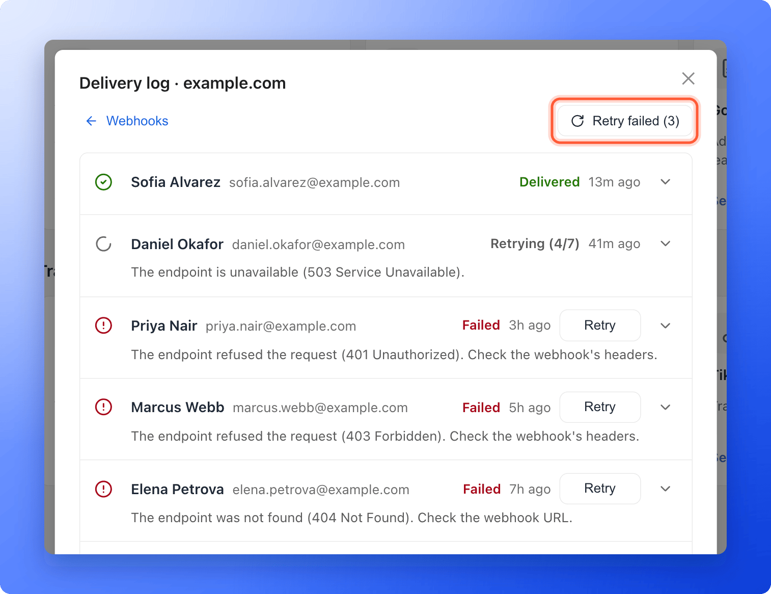 The top of the delivery log with the Retry failed (3) button highlighted above the rows, three of them Failed with a reason under the name and a Retry button