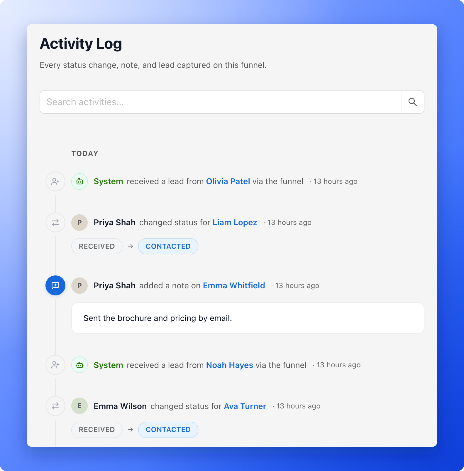 The Activity Log with the search box above a timeline of new leads, status changes and notes