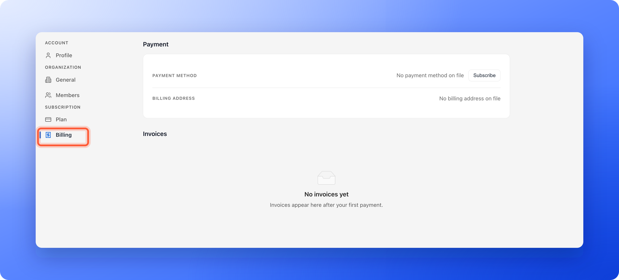The Billing page in the account settings, with Billing highlighted in the left menu