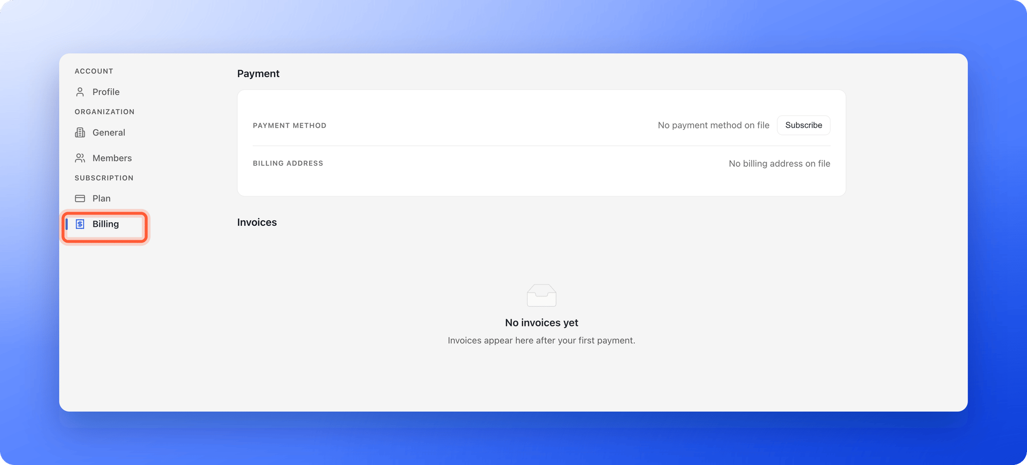 The Billing page in the account settings, with Billing highlighted in the left menu