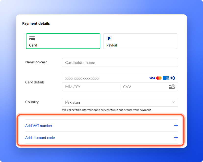 The checkout form with the Add VAT number and Add discount code links highlighted below the Country field