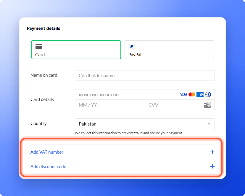 The checkout form with the Add VAT number and Add discount code links highlighted below the Country field