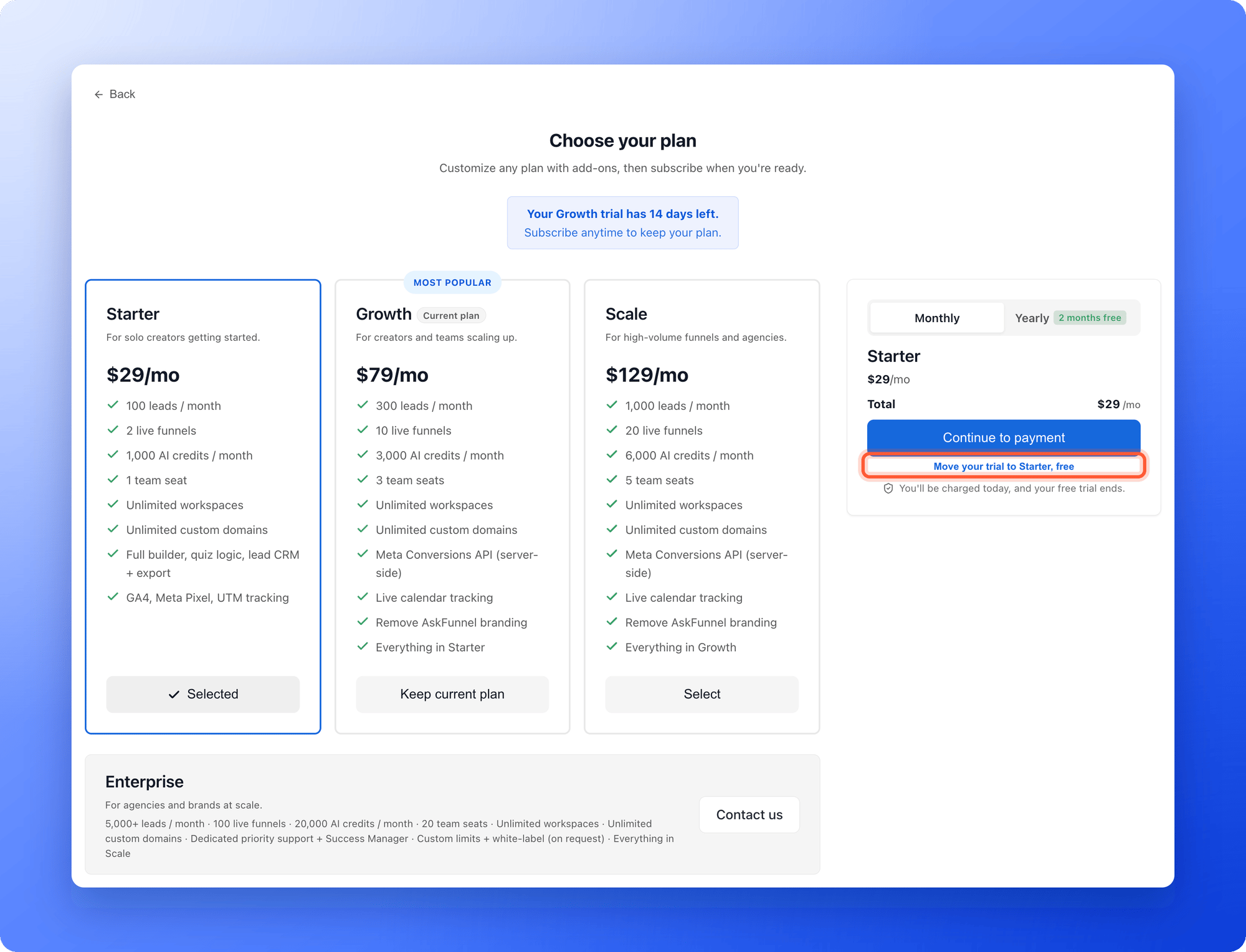 The Choose your plan page with Starter selected and the Move your trial to Starter, free link highlighted under Continue to payment