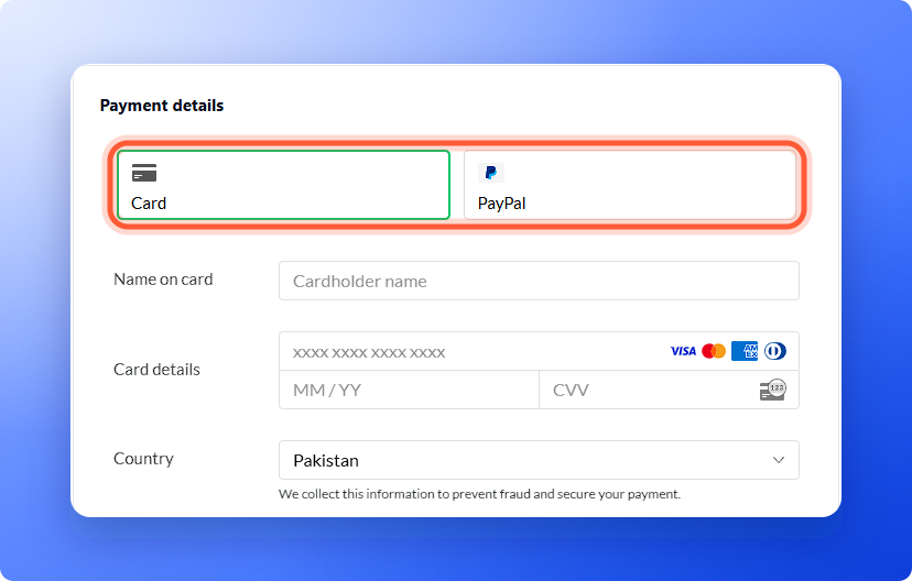 The checkout payment form with the Card and PayPal tabs highlighted
