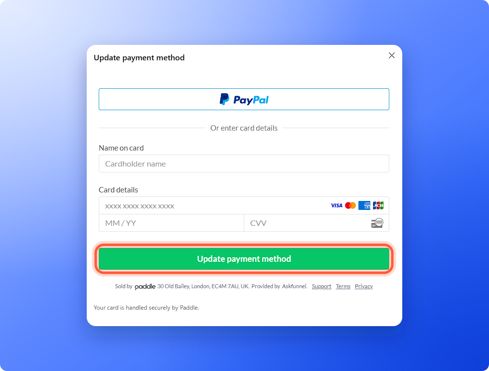 The Update payment method window with a PayPal button, card fields and the Update payment method button highlighted