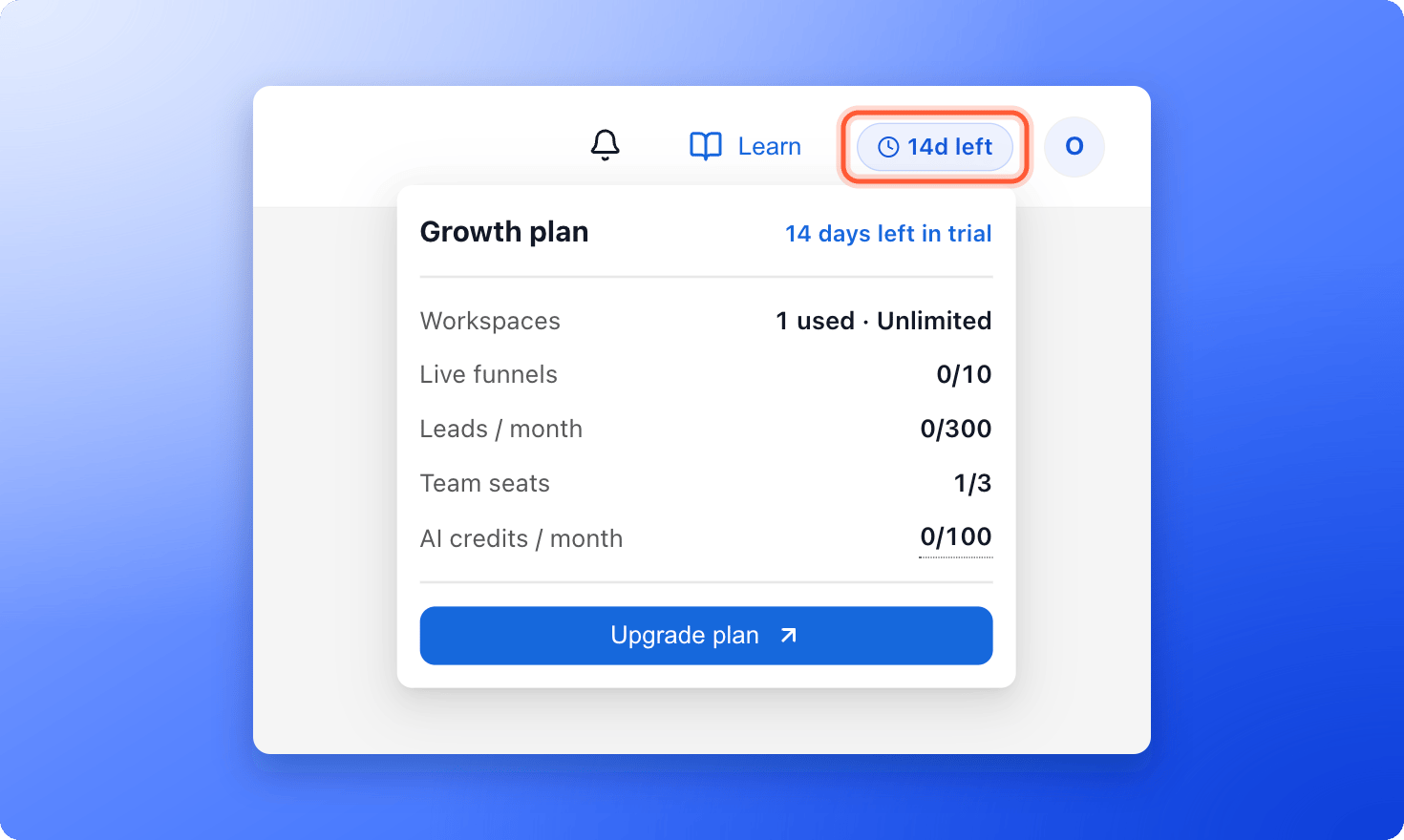 The plan badge in the top bar, showing 14d left, and the menu that opens with the Growth plan, its usage and an Upgrade plan button