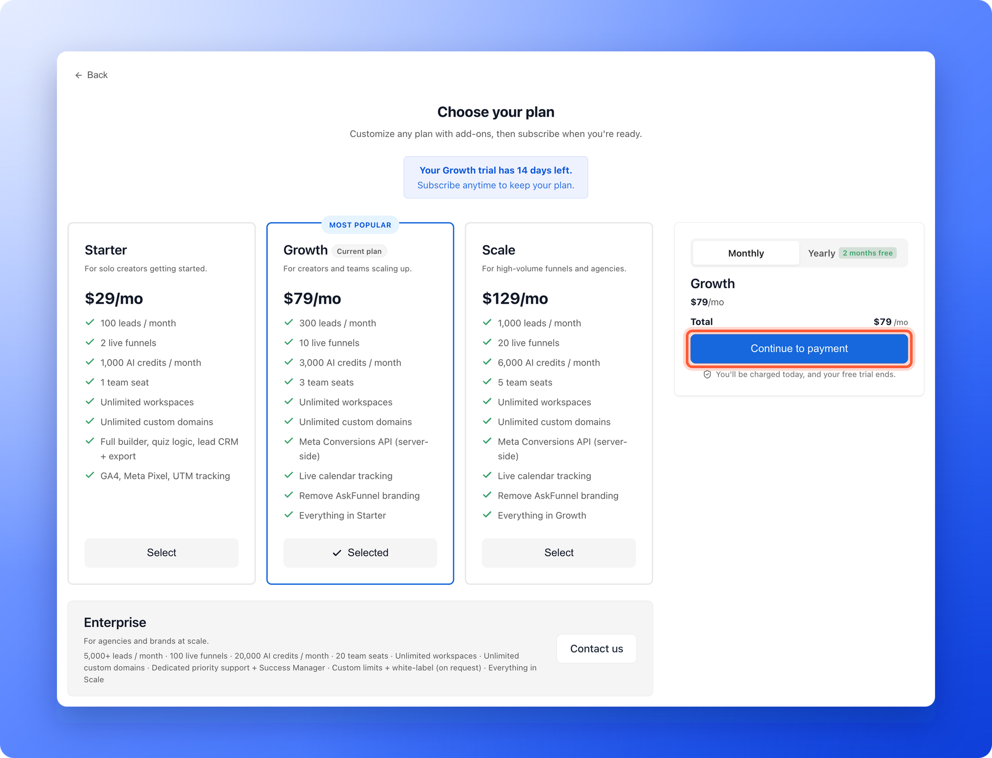 The Choose your plan page with the Continue to payment button highlighted in the summary on the right