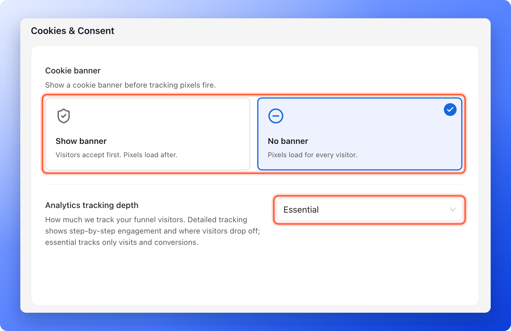 The Cookies and Consent settings with the Show banner and No banner cards and the Analytics tracking depth list highlighted