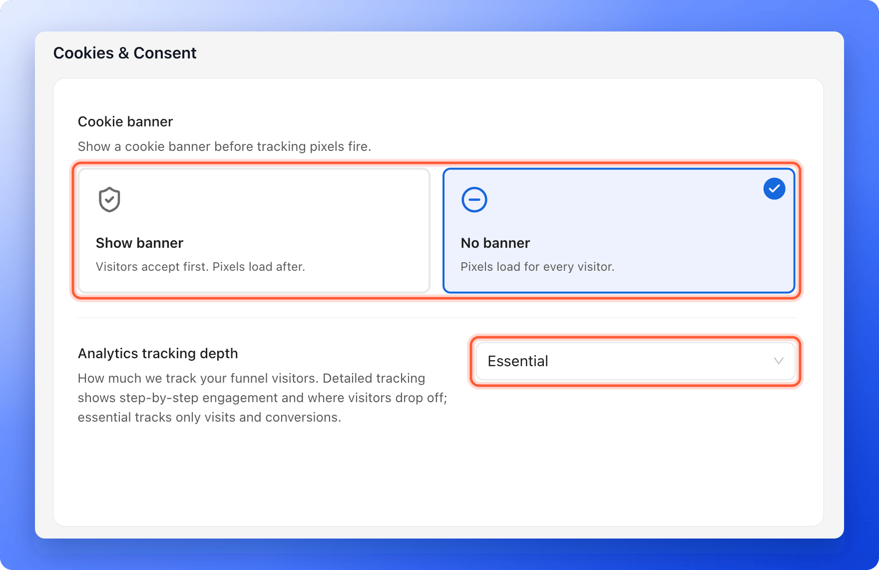 The Cookies and Consent settings with the Show banner and No banner cards and the Analytics tracking depth list highlighted