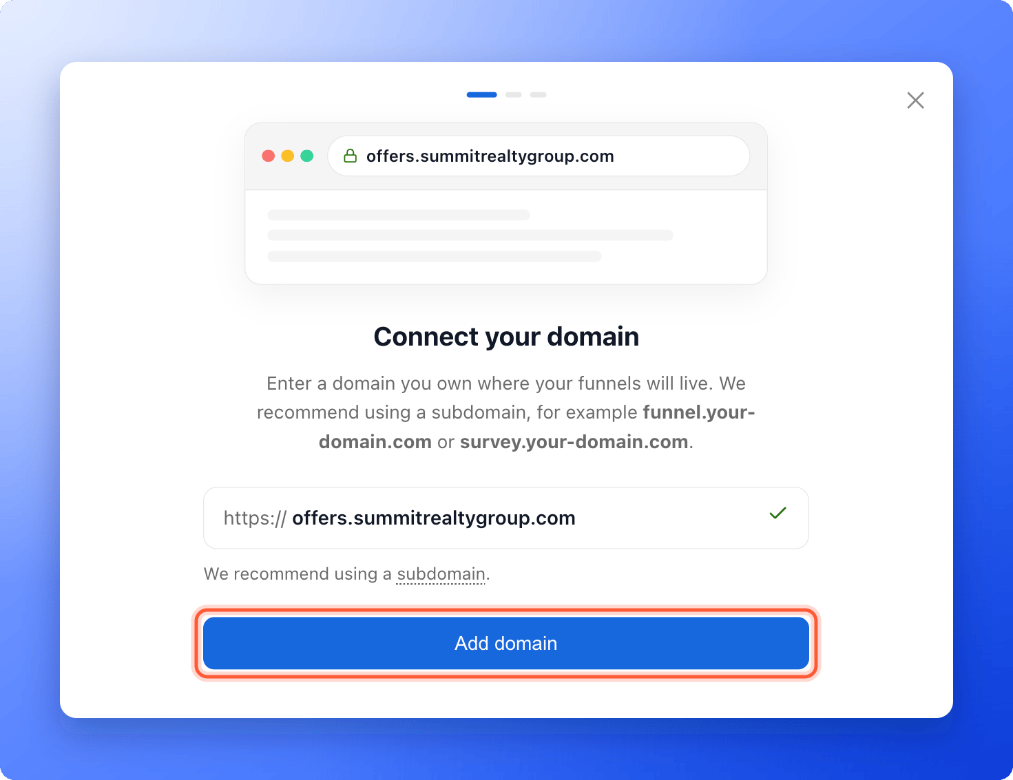 The Connect your domain window with offers.summitrealtygroup.com typed in and the Add domain button highlighted
