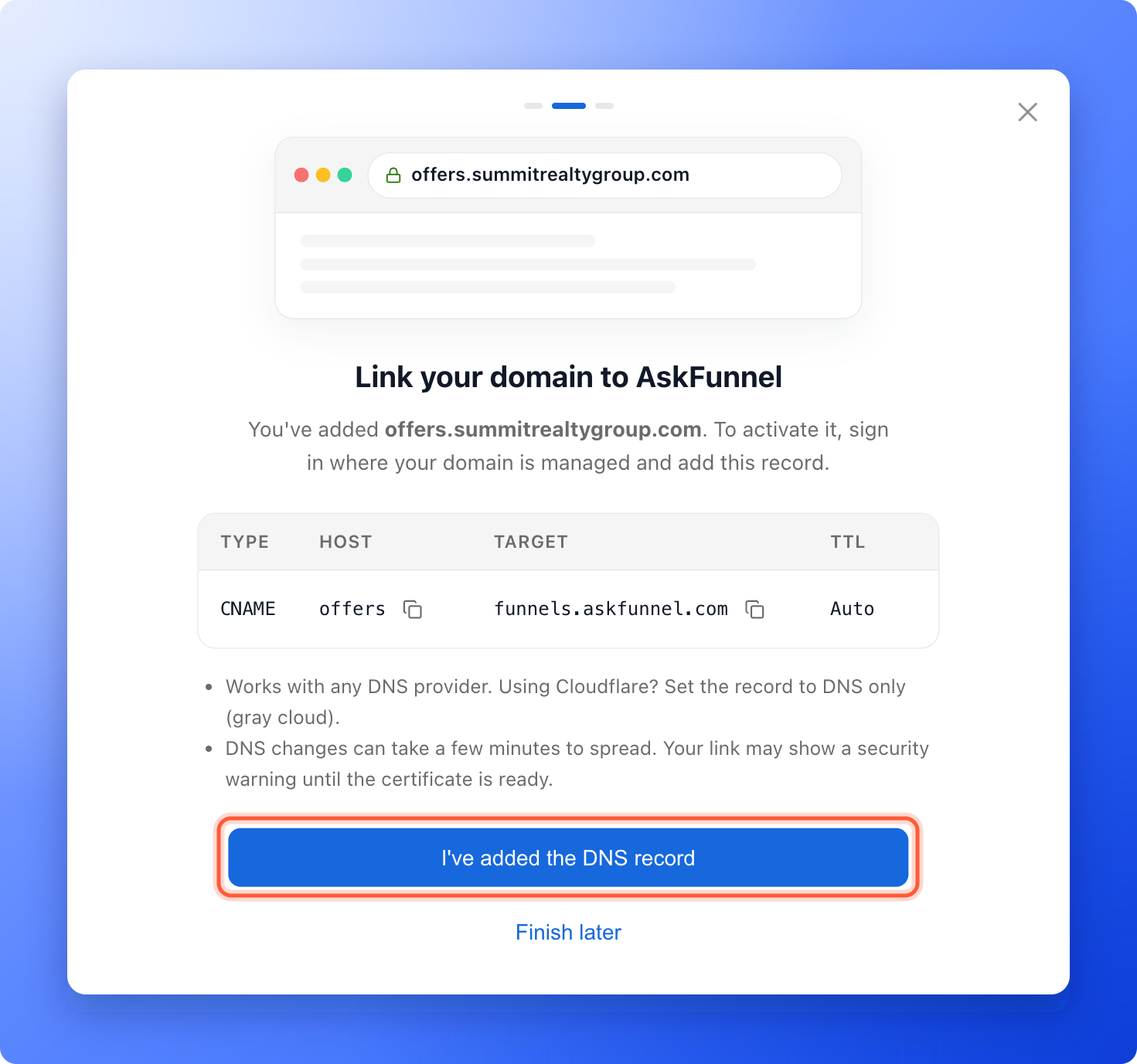 The Link your domain to AskFunnel window with the CNAME record for offers.summitrealtygroup.com and the I've added the DNS record button highlighted