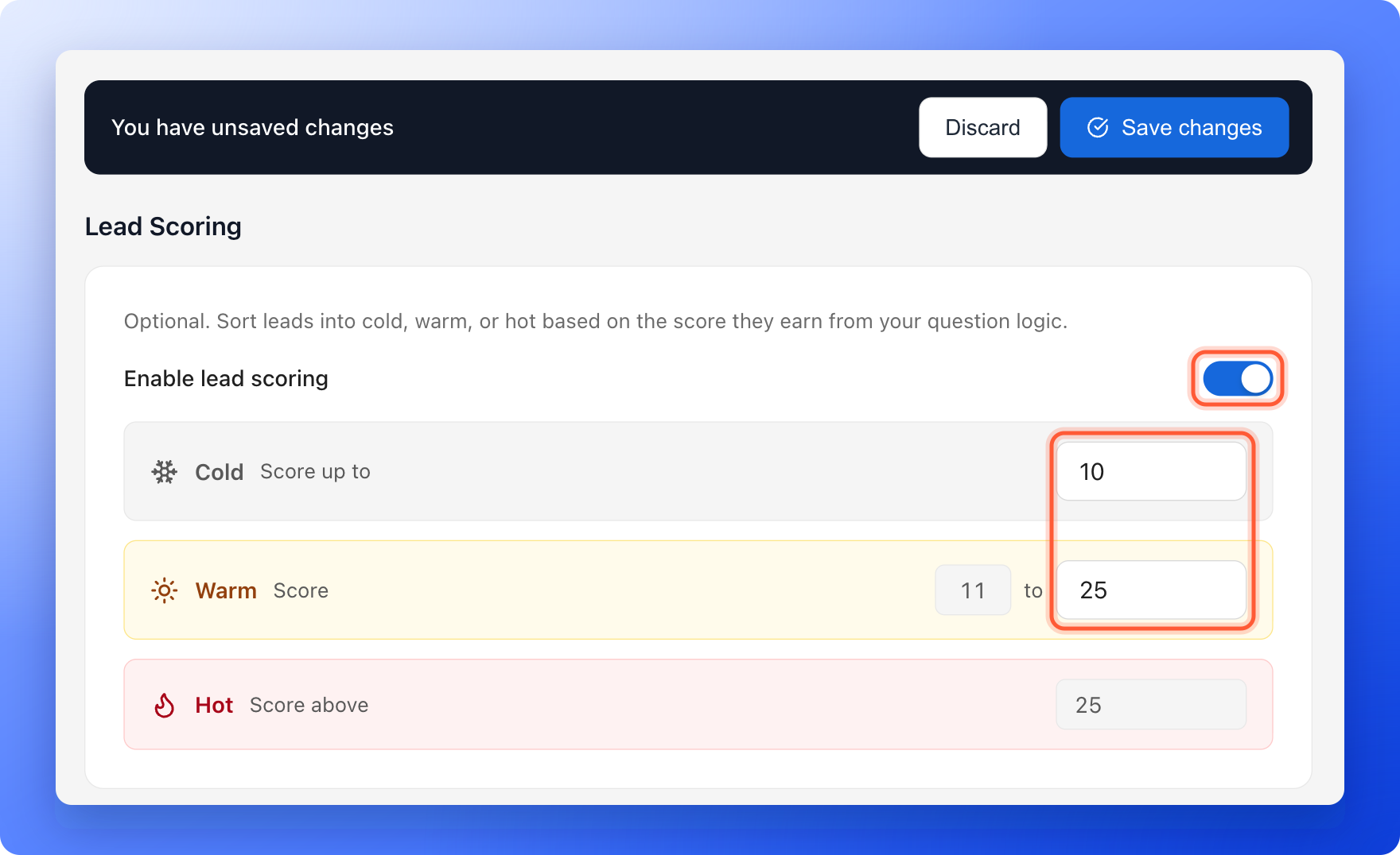 The Lead Scoring settings with the Enable lead scoring switch and the Cold and Warm score boxes highlighted