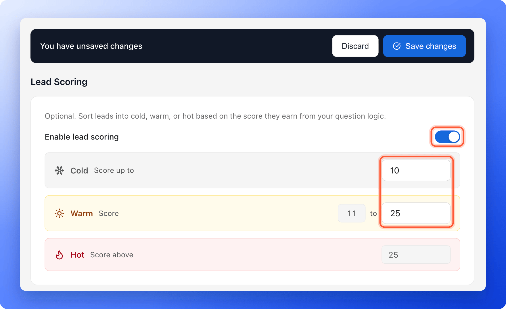 The Lead Scoring settings with the Enable lead scoring switch and the Cold and Warm score boxes highlighted