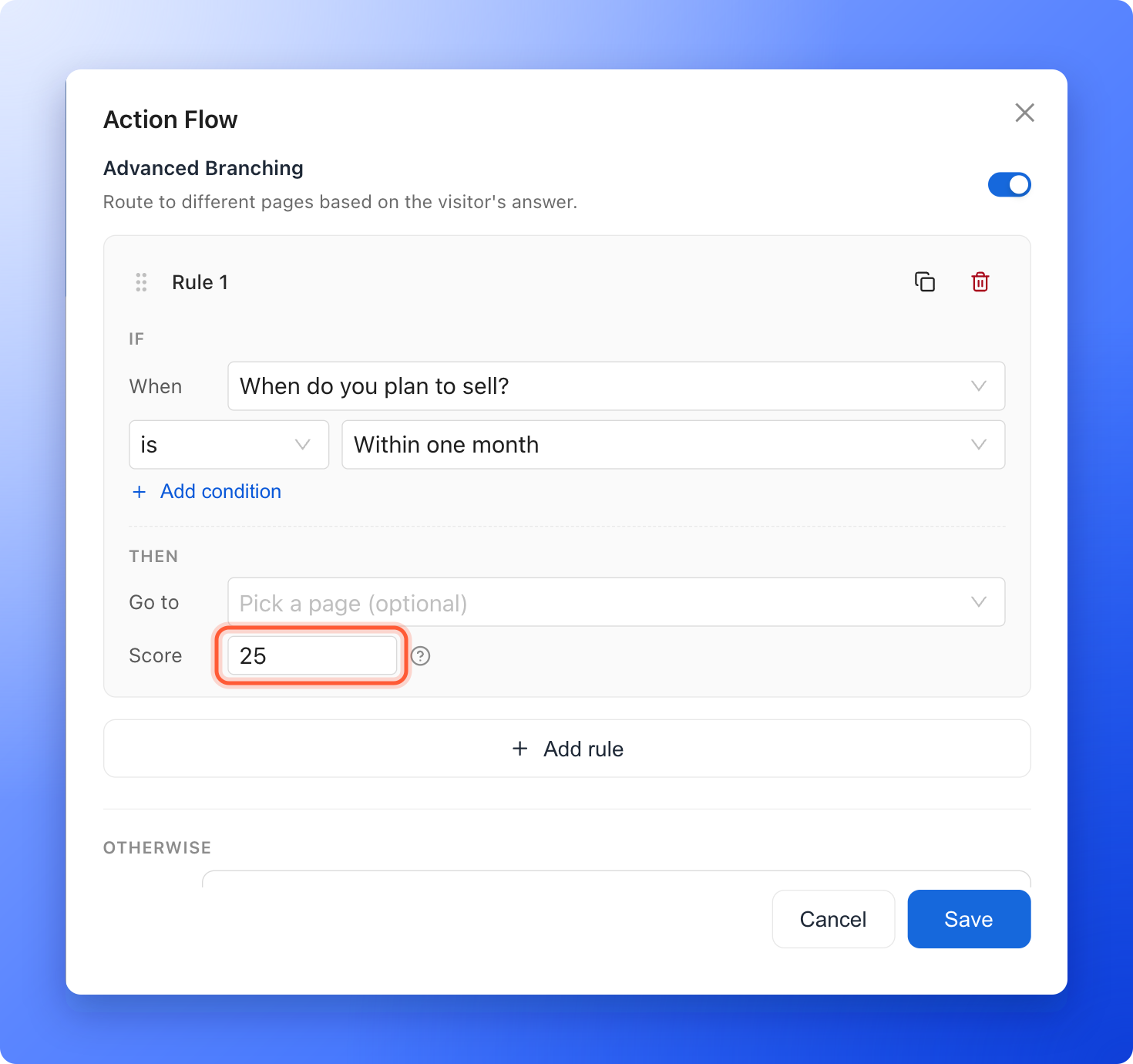 The Action Flow window with one rule, where the answer Within one month gives a Score of 25